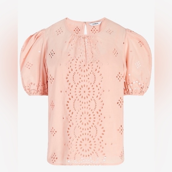Express | Pale Pink Embroidered Eyelet Lace Puff Sleeve Romantic Top Size Small - Picture 4 of 13